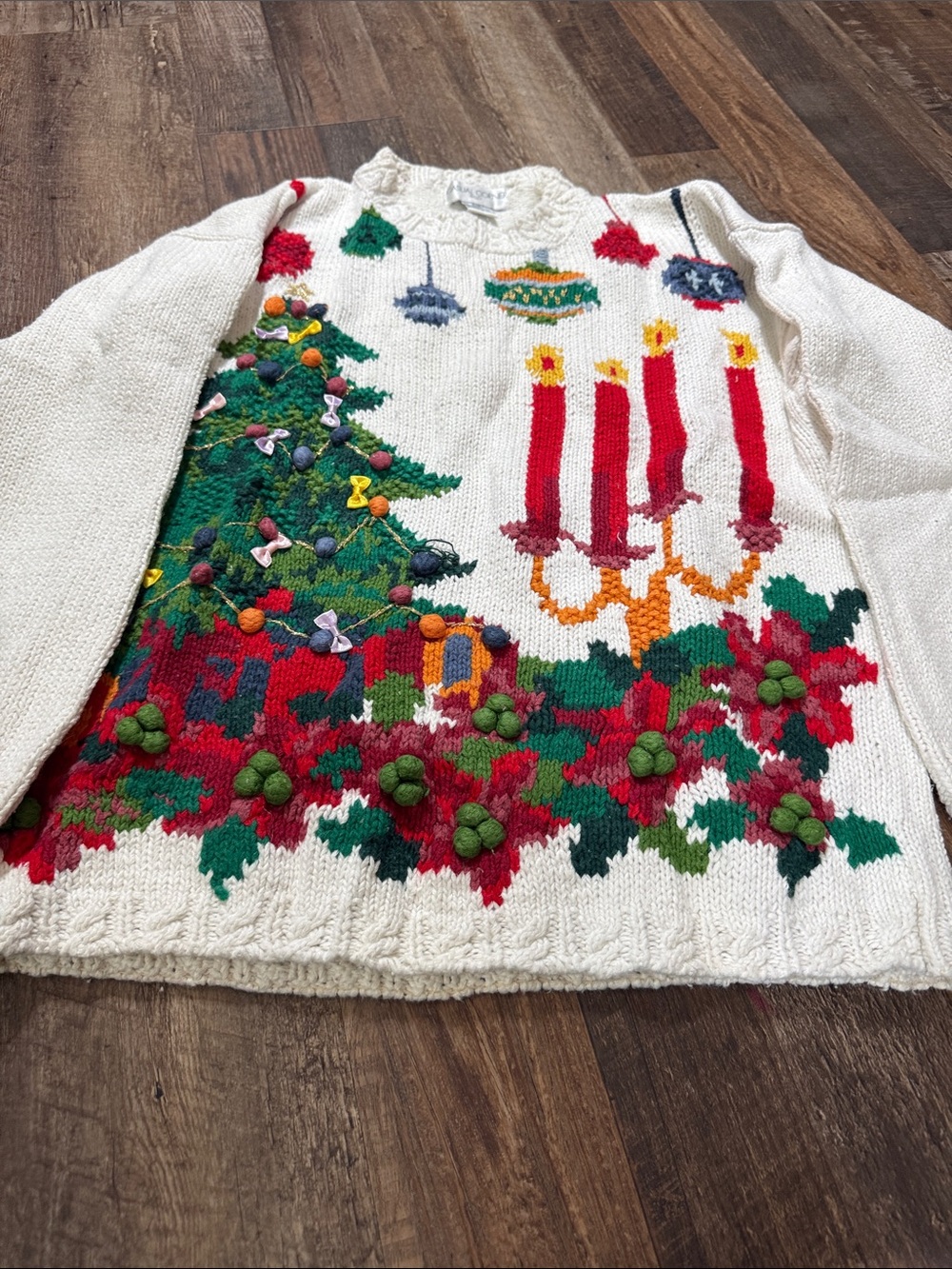 Casual Corner Cream Holiday Sweater with Red & Green Accents